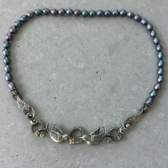 Barbara Bixby Sterling Silver 18K Swallows Sparrows Birds Black Pearl Necklace - Picture 3 of 5